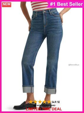 High Rise Straight Leg Jeans Pre-Cuffed Hem Relaxed Fit Casual